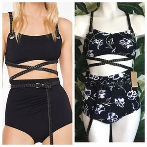 MICHAEL KORS COLLECTION Women Leather-Trimmed Crepe Bra and Brief Bikini size 6